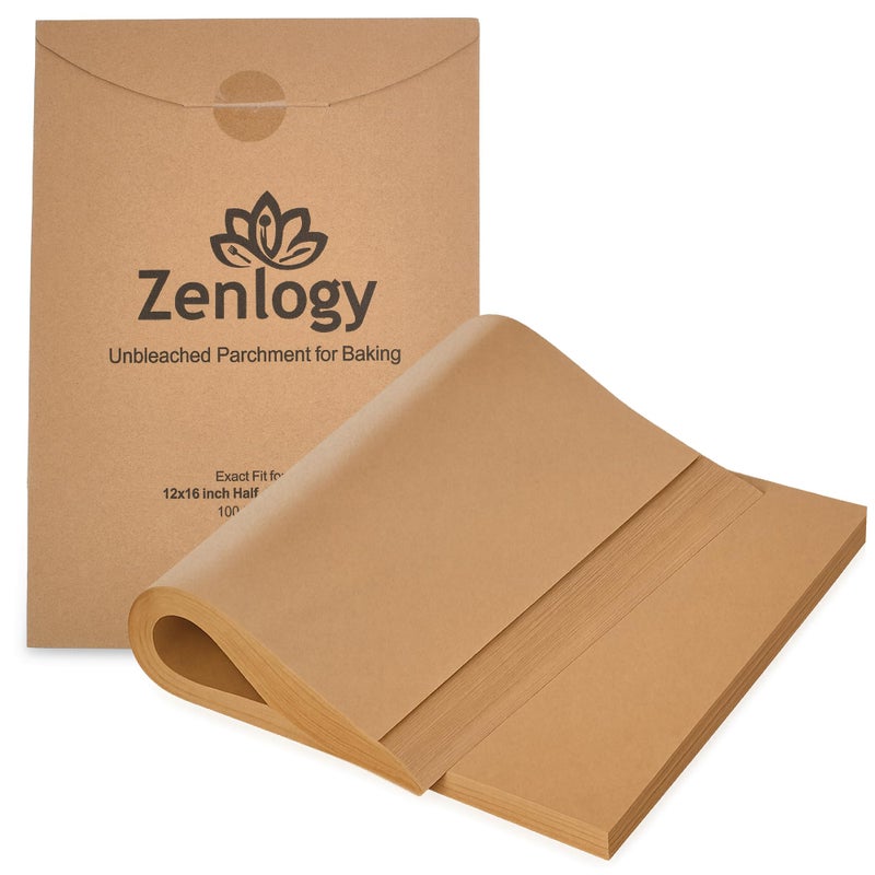 Zenlogy Parchment Paper Sheets 12x16 (100 sheets) for Baking - Unbleached Chlorine-free High Heat Non-Stick Pre-Cut Parchment Paper for Half Sheet Pans - Image 1